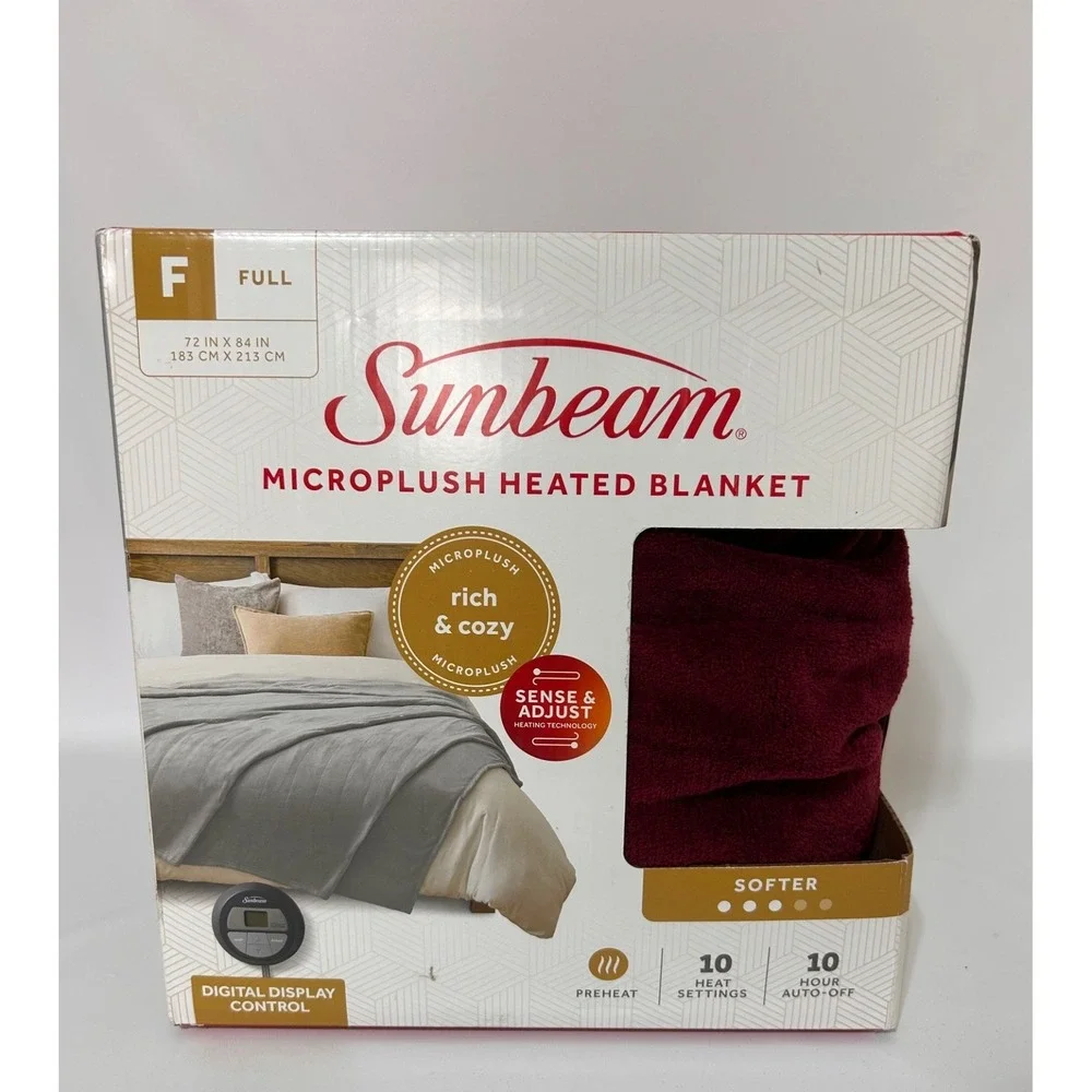 Sunbeam Heated Blanket Microplush 10 Heat Settings Size Full Burgundy